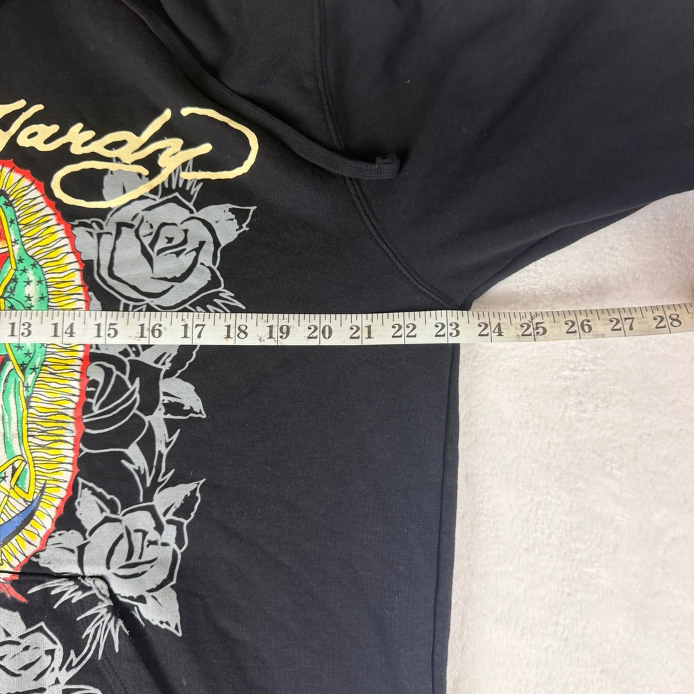 Ed Hardy Mens Large Graphic Hoodie Black Virgin Mary Rose Sweatshirt Winter - Picture 6 of 8